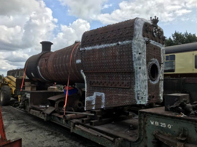 The boiler had a brief trip outside the workshop to enable the gantry to move outside. The NDT paint and chalk marks can be seen all over the boiler.